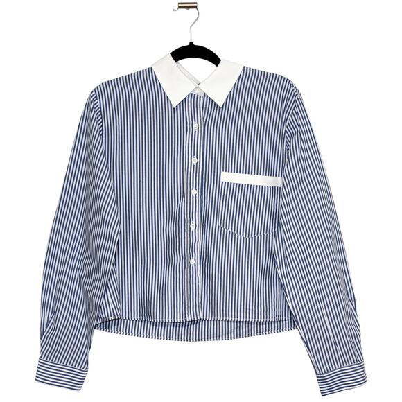 adL Cropped Blue Striped Button Up Blouse Size Large - Picture 1 of 4